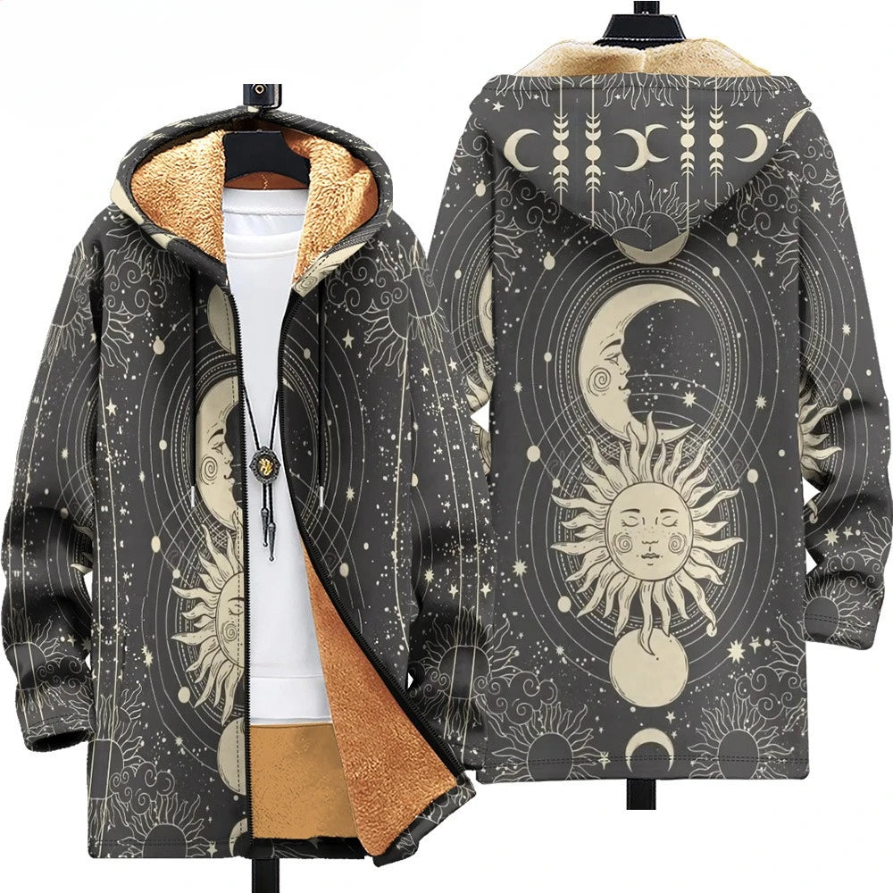 Winter hooded jacket featuring bold artistic prints and lightweight warm insulation