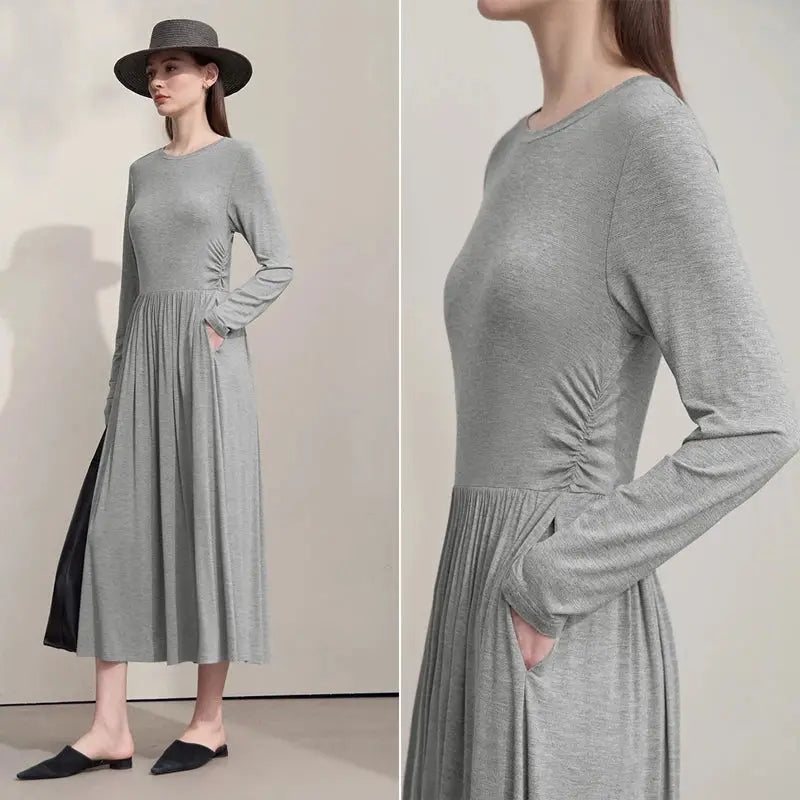 Close-up of the neckline detail on the comfort-fit knit dress for professional attire.