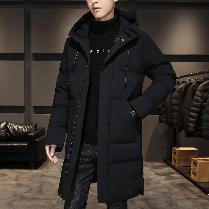 Model wearing Winter Embrace parka in navy, showcasing a flattering fit for sizes M to 8XL.
