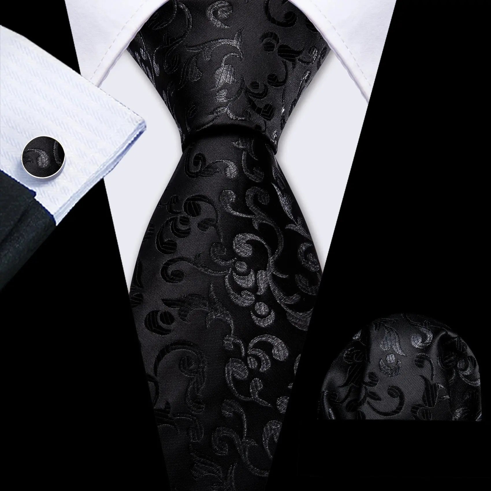 Luxury black tie set featuring premium silk and accessories