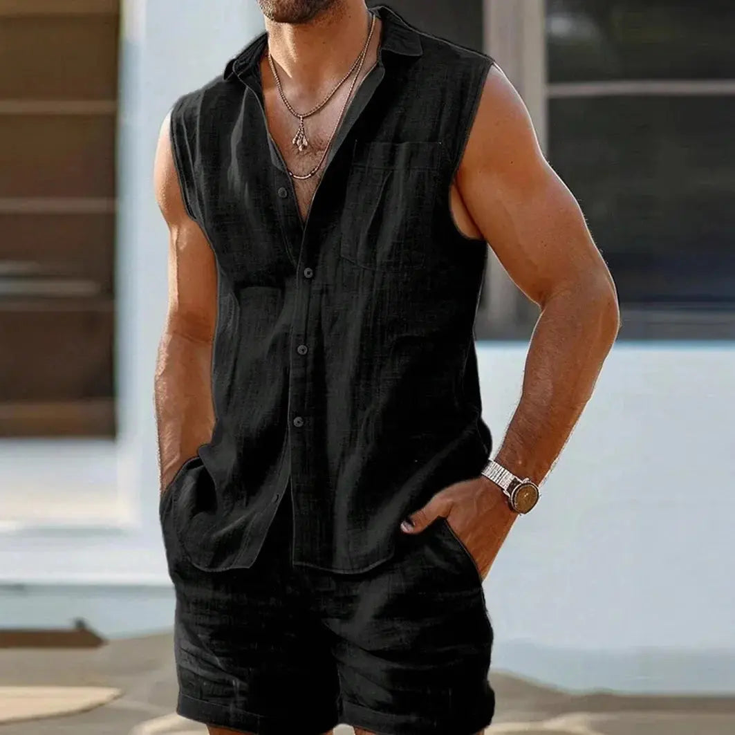 Men's linen-blend vest set in light beige, showcasing a notched collar and button detailing.