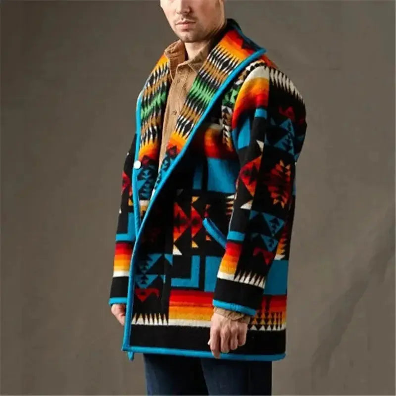 Geometric Woolen Coat in rich autumn hues, showcasing a striking geometric pattern.