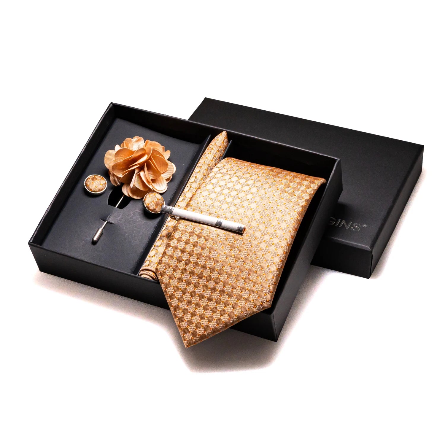 Luxury men's tie ensemble with premium silk construction and coordinated accessories
