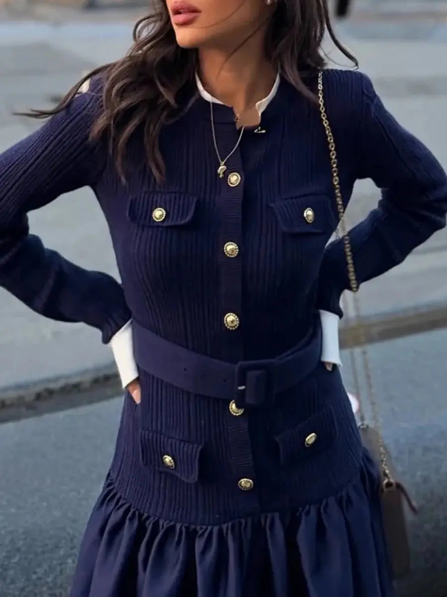 Side view of the textured dress, demonstrating slight stretch for comfort.