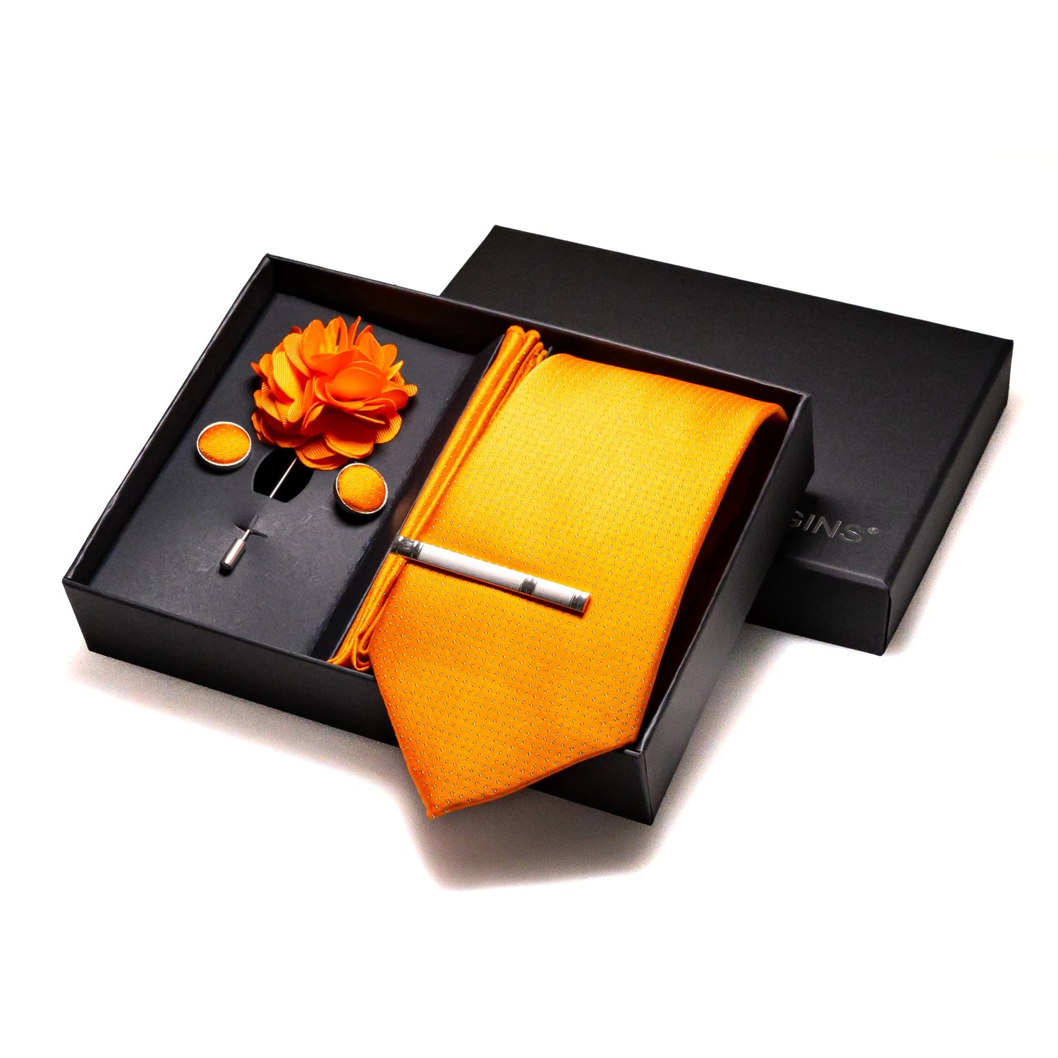 Refined silk tie gift set with matching cufflinks and pocket square in gold tones