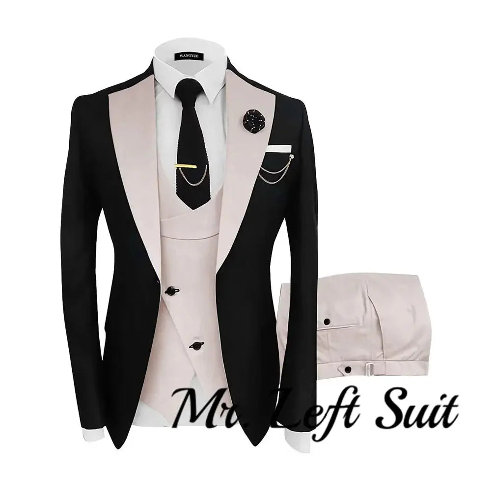 Sharp tailored three-piece suit set in navy blue, perfect for formal occasions.