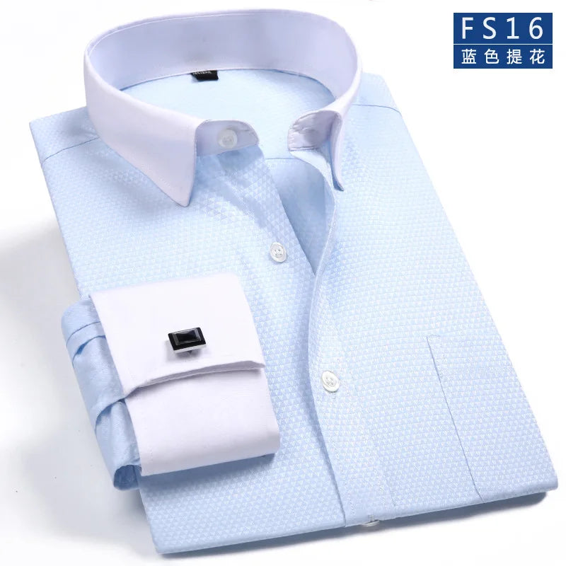 French cuff dress shirt with cufflinks laid flat showing full front view