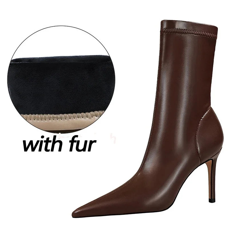 Women's leather stiletto boots featuring soft cotton lining
