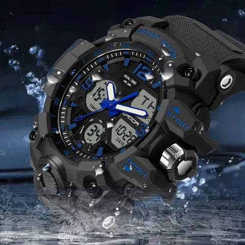 Close-up of the watch face showcasing precision analog-digital display.