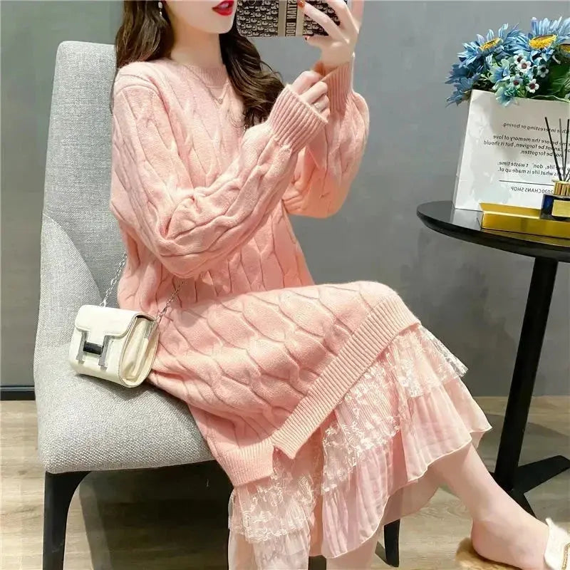 Casual chic lace-trimmed dress in a cozy knit, ideal for winter fashion.