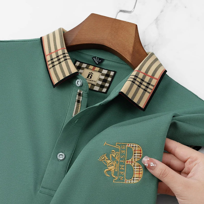 Breathable half-sleeve polo with contrast trim details and subtle embroidery for warm weather