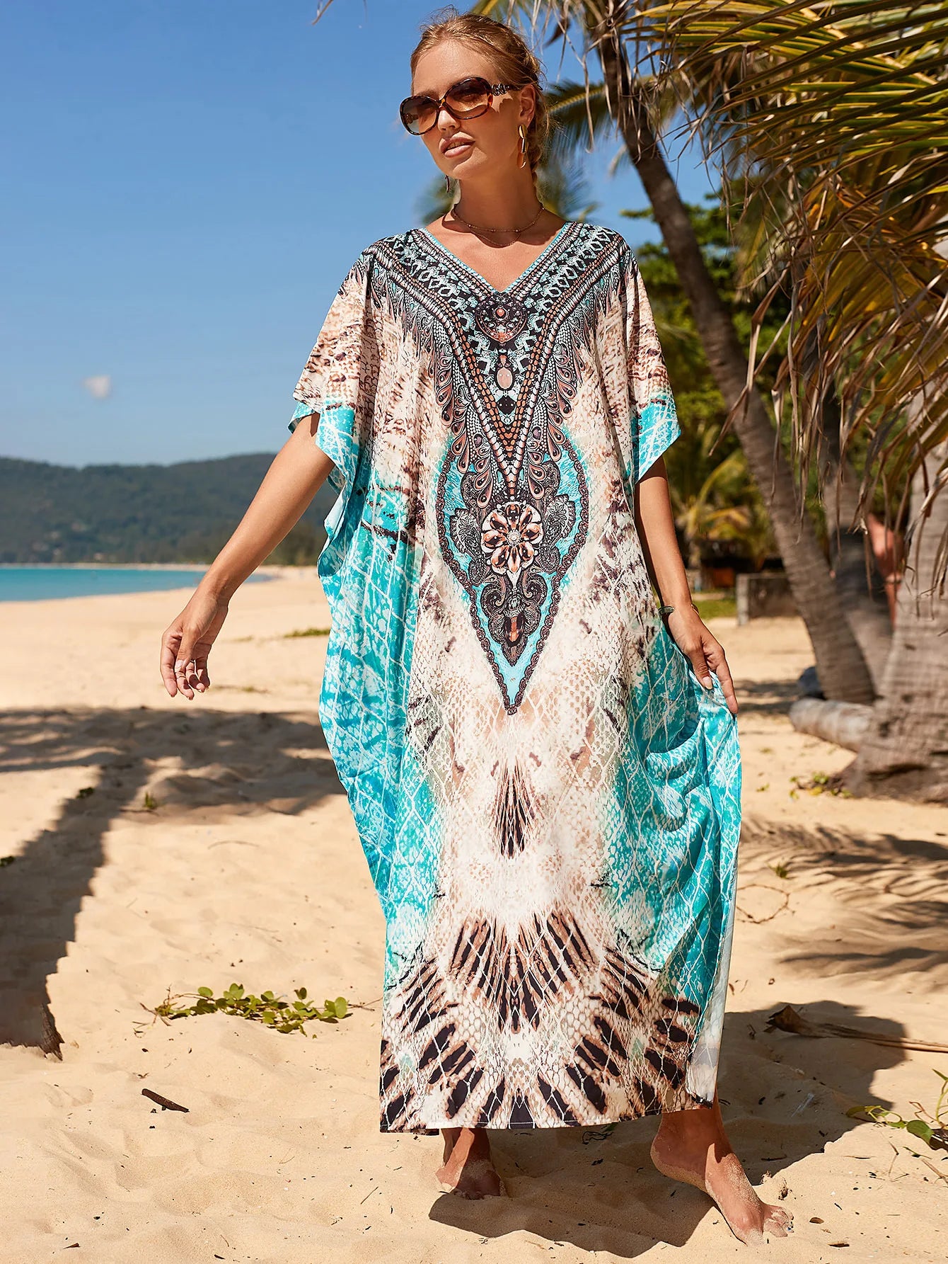 Side view of the Breeze Whisper Kaftan, emphasizing the subtle side slits for freedom of movement.