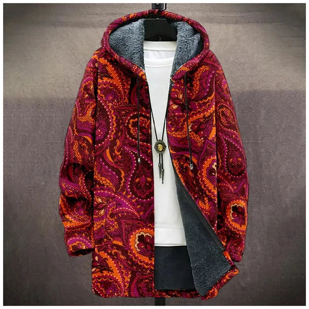 Model wearing the unisex Winter Tribal Cardigan with hood and deep pockets.