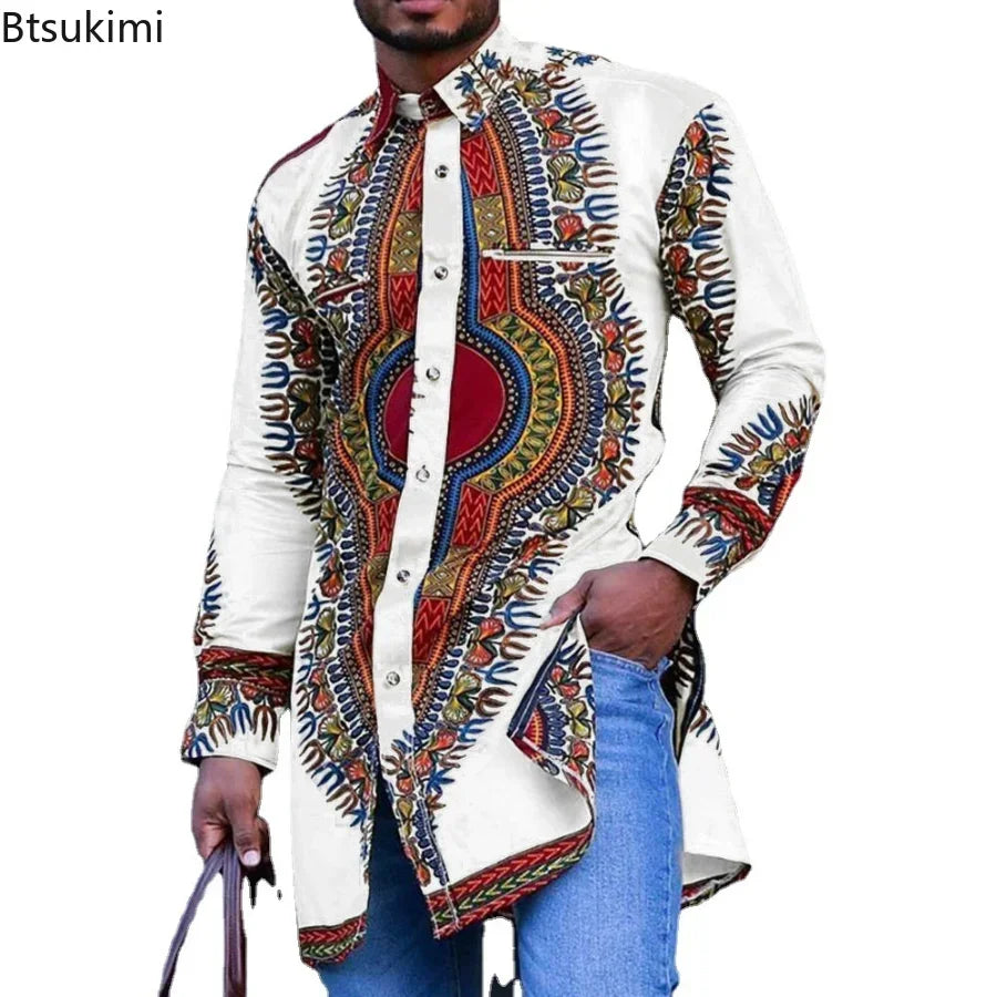 African Men's Ethnic Print Long Sleeve Traditional Shirt