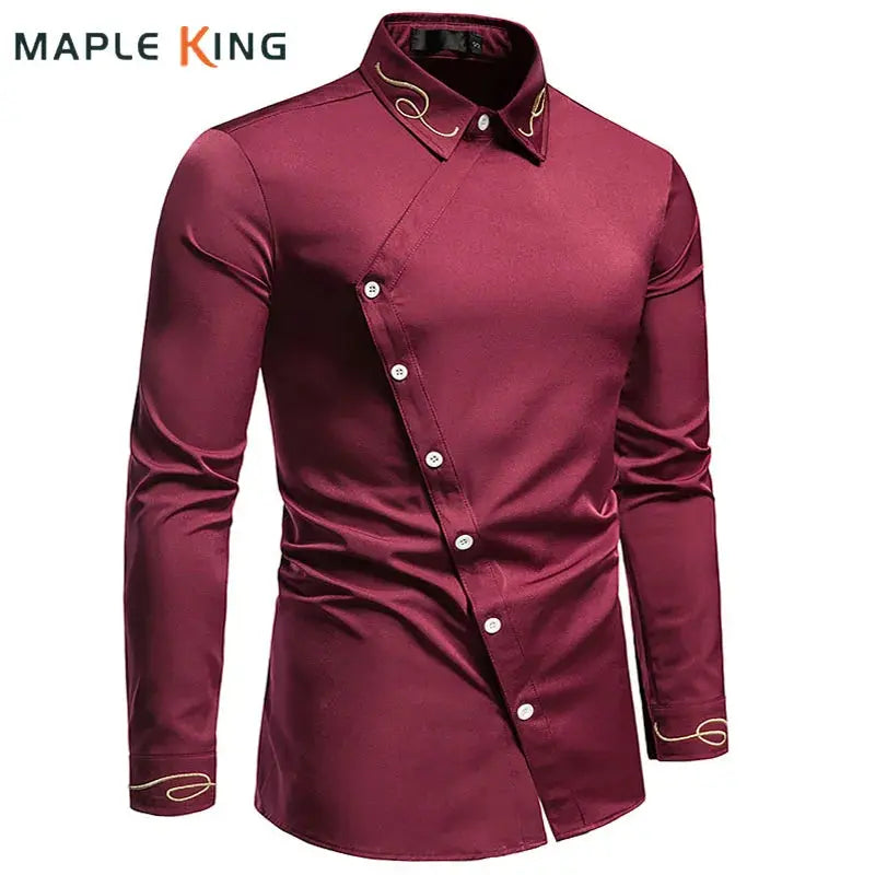 White statement shirt with diagonal button closure and embroidered detail on modern fit