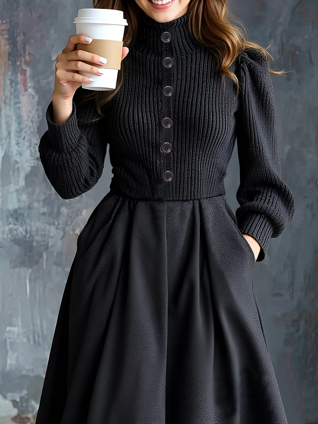 Black Knit Maxi Dress displayed on a hanger, emphasizing its luxurious polyester and elastane blend.