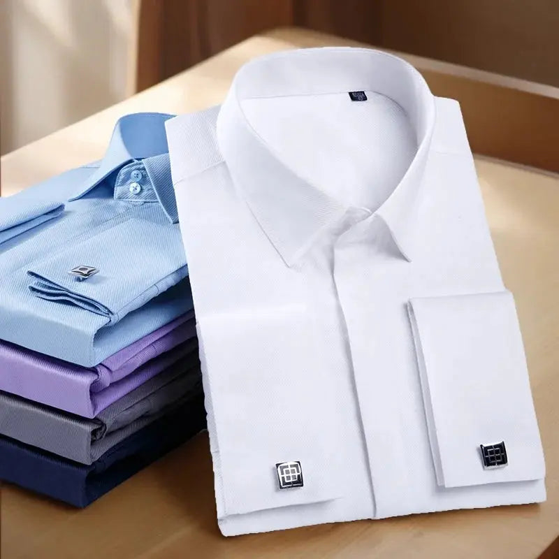 Elegant white French cuff shirt with concealed buttons and square collar.