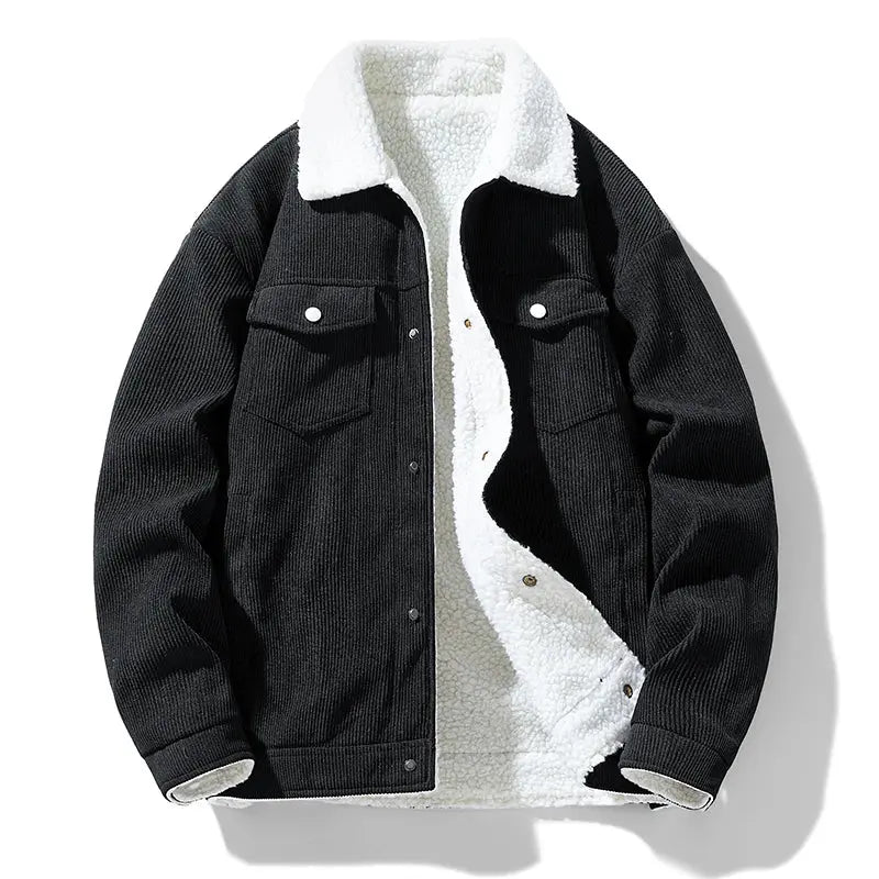 Winter's Embrace corduroy jacket in rich brown with plush wool lining for warmth and style.