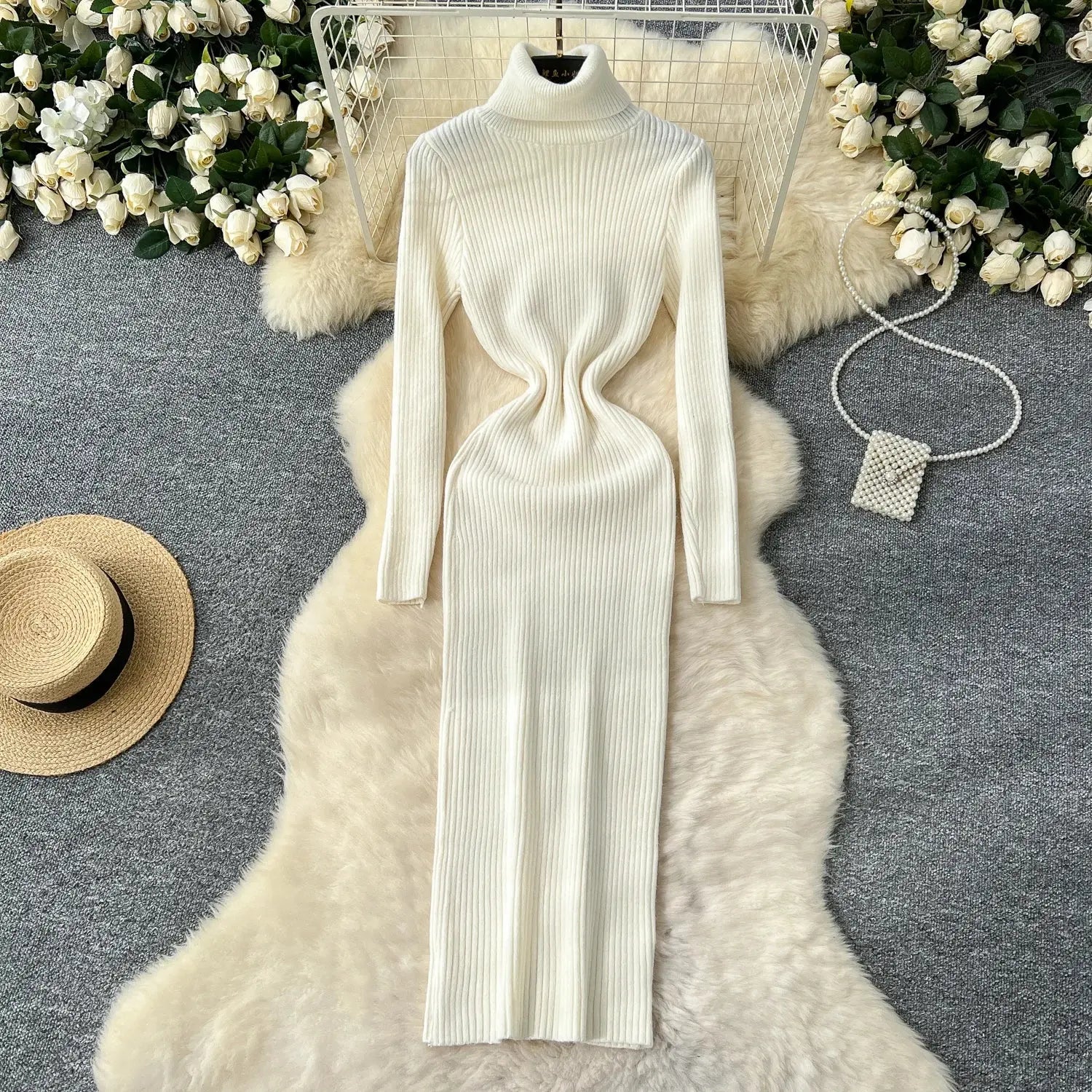 Side view of the Winter Whisper Dress, showcasing the graceful contour of the high-stretch fabric.