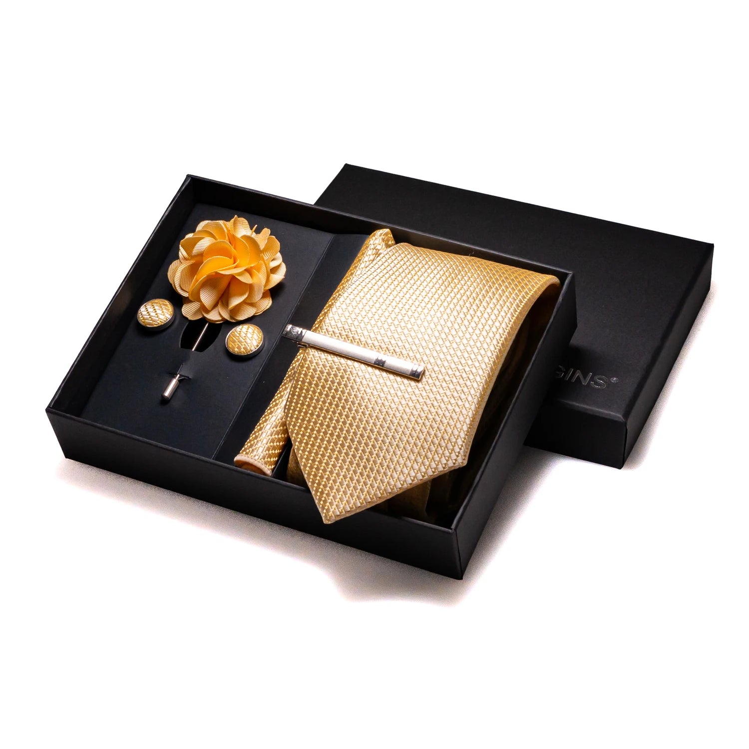 Complete formal accessory collection featuring silk tie in warm champagne hues