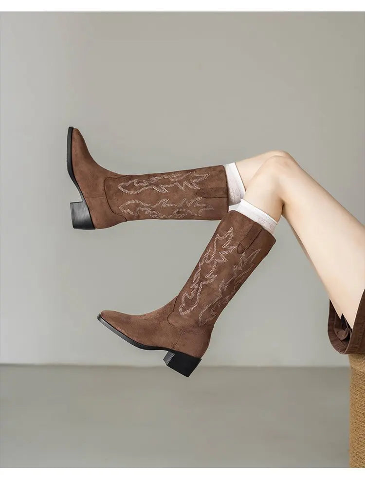 Back view of knee-high cowboy boots showing embroidered heel detail