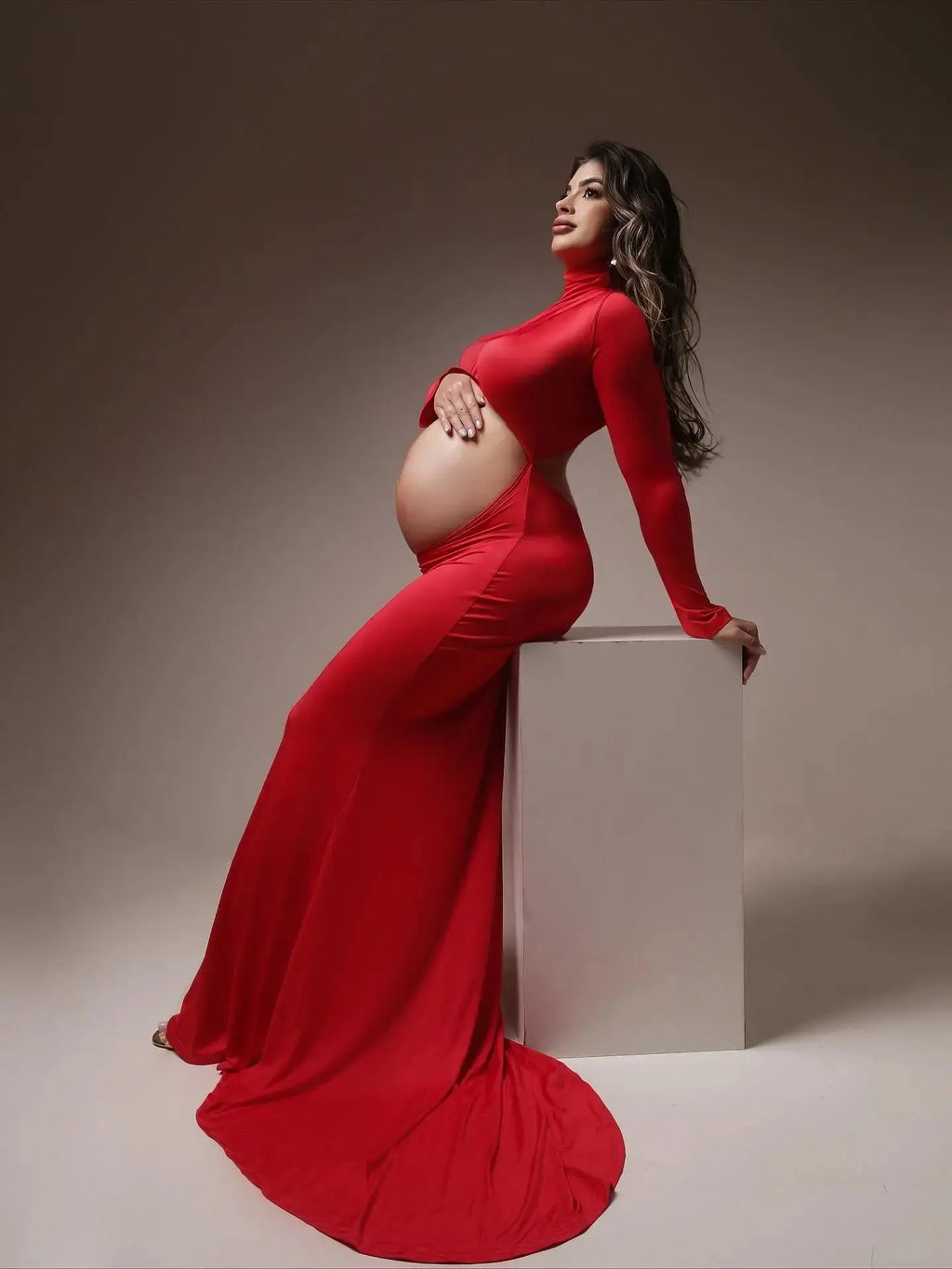Close-up of the sweetheart neckline on the Radiant Glow Maternity Gown, showcasing its delicate design.