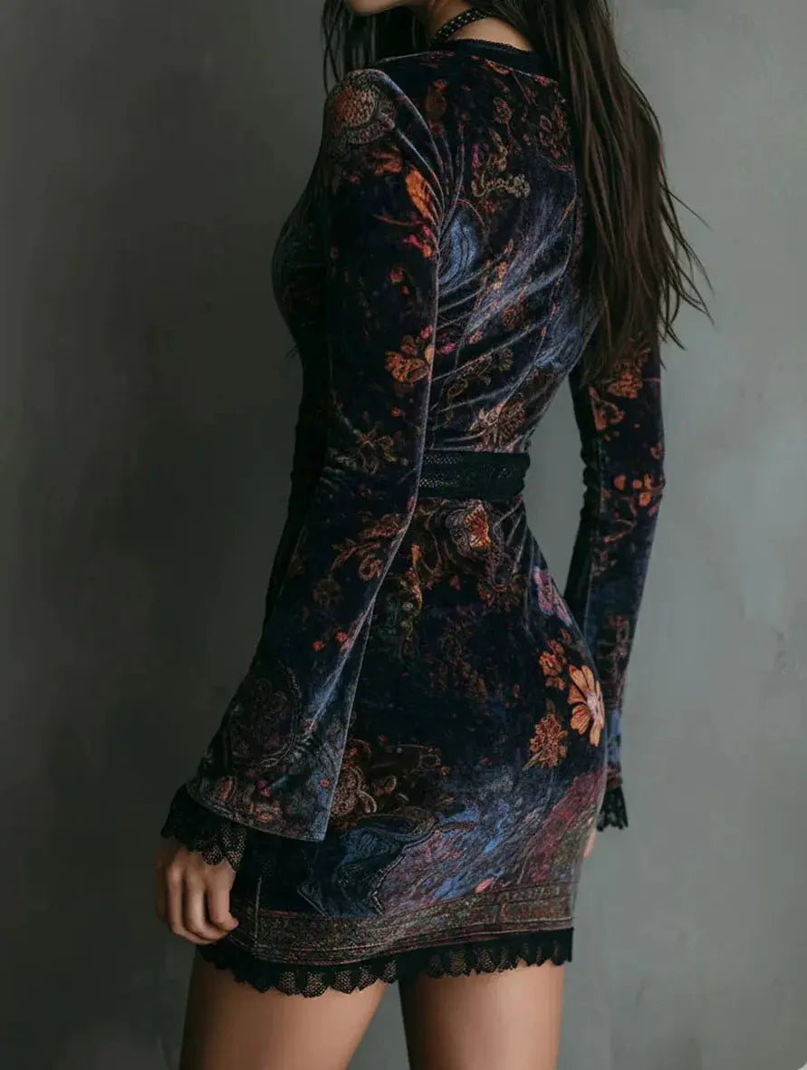 Close-up of luxurious velvet texture showcasing the floral design of the dress.