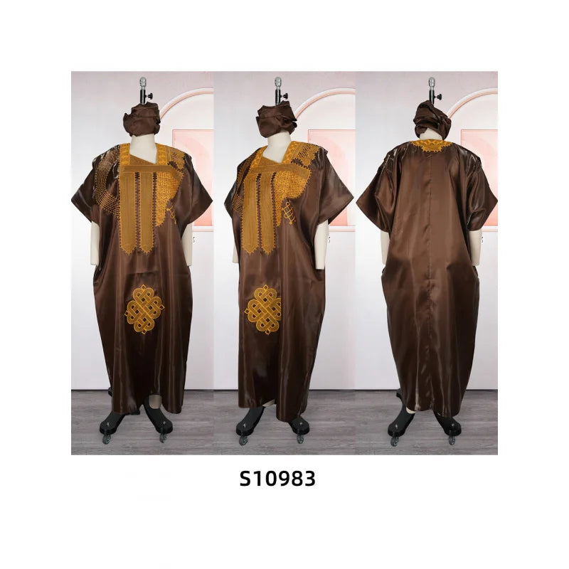 African Dresses For Woman Plus Size Women's Fashionable Elegant Satin Square Neck Embroidered Loose Casual Long Robe Dress