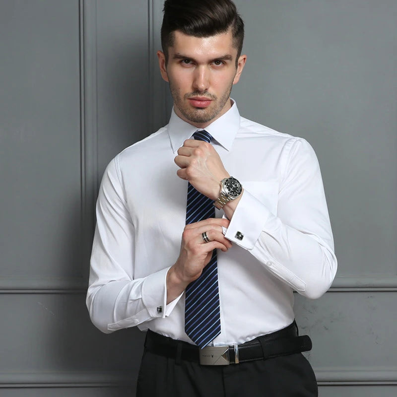 Professional French cuff dress shirt featuring double cuffs designed for cufflinks and functional pocket