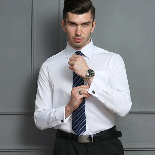 Professional French cuff dress shirt featuring double cuffs designed for cufflinks and functional pocket