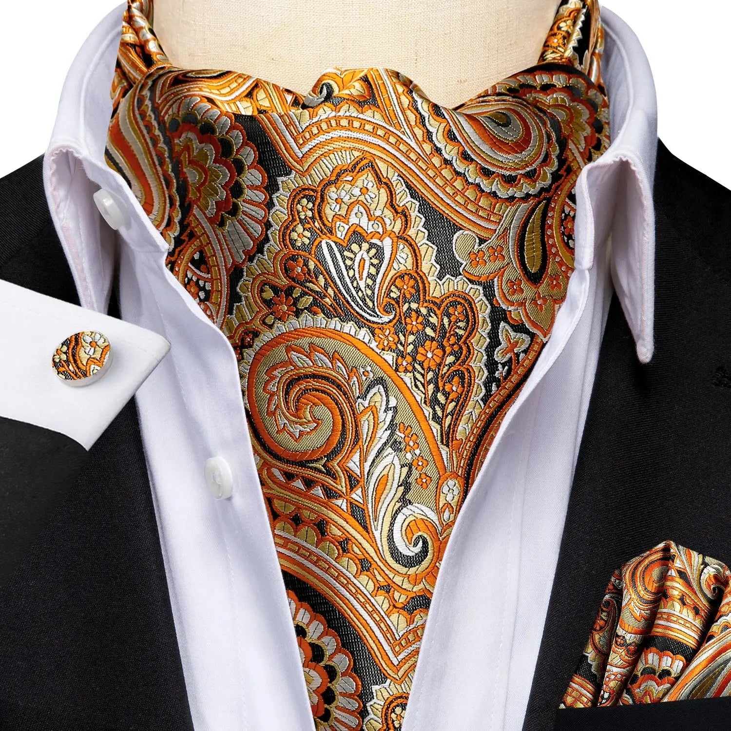 Luxury neckwear set featuring Golden Hour Ascot and cufflinks.