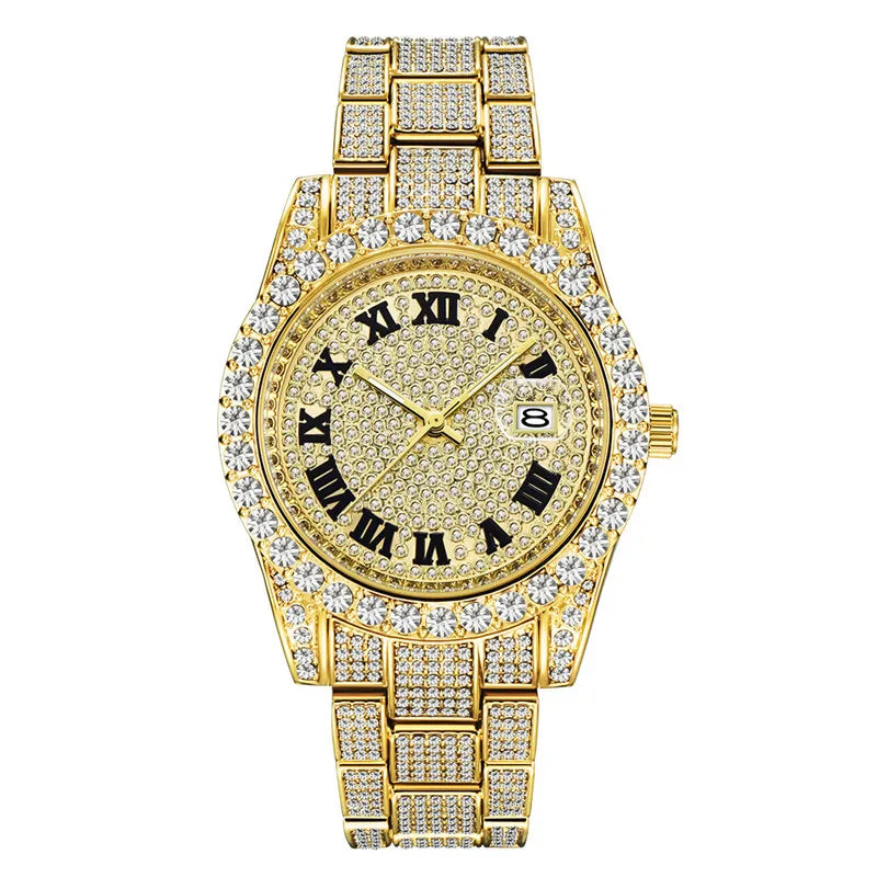 Gold-tone diamond watch with a classic round case and Roman numeral display.