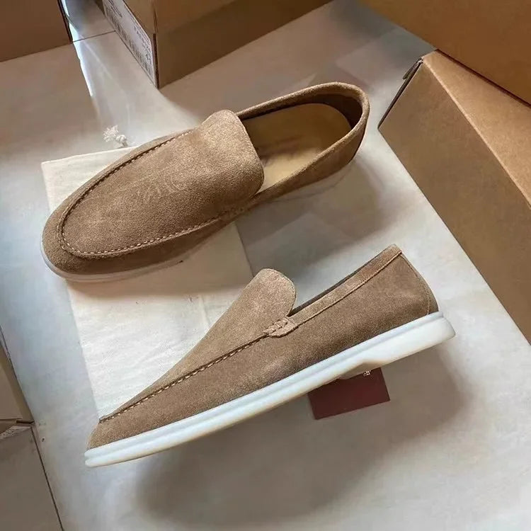 Detail shot of supple genuine leather loafer construction with breathable material and premium finish