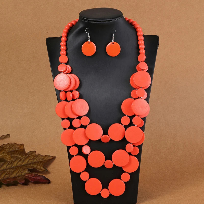 African Wedding Party Wooden Beads Necklace & Earring Jewelry Set
