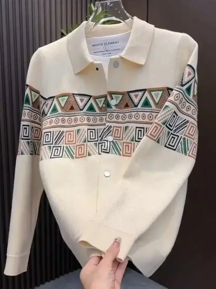 Close-up of Urban Poise cardigan's tailored turn-down collar and sleek single-breasted design.