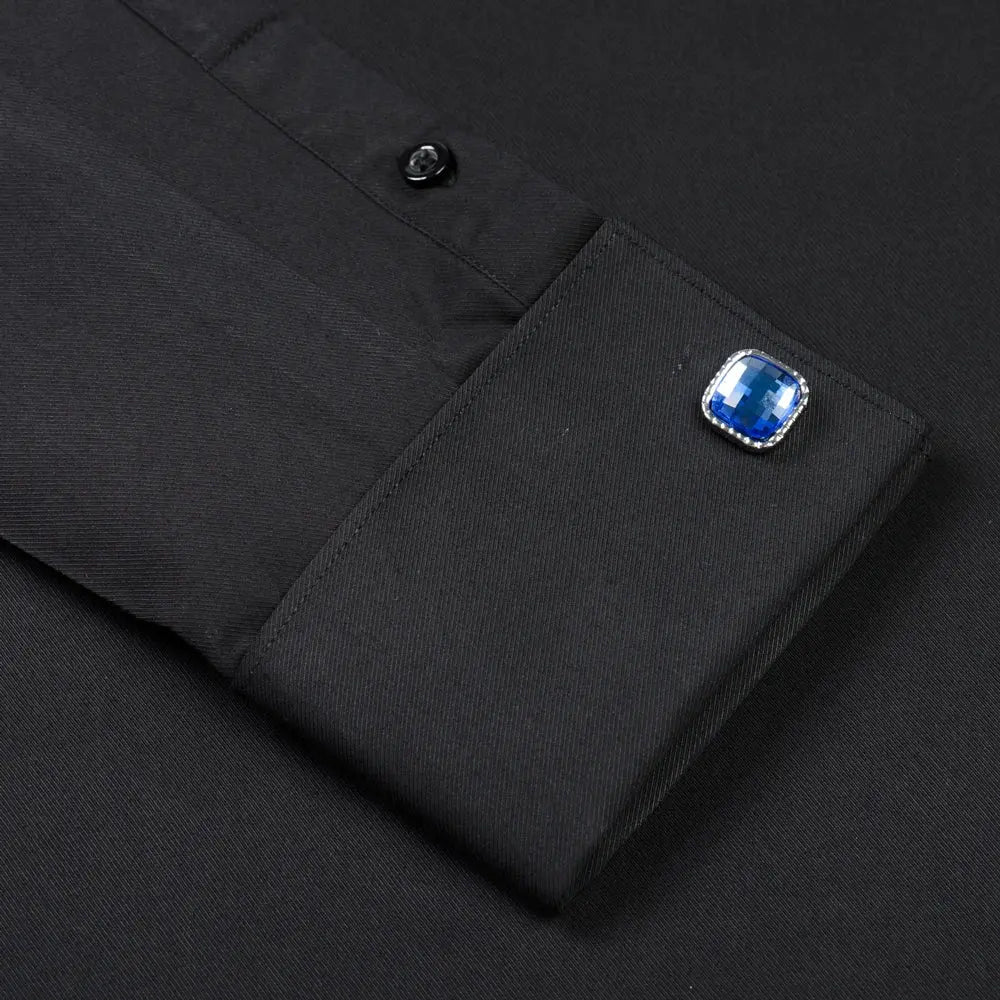 White dress shirt featuring hidden buttons for a smooth profile.