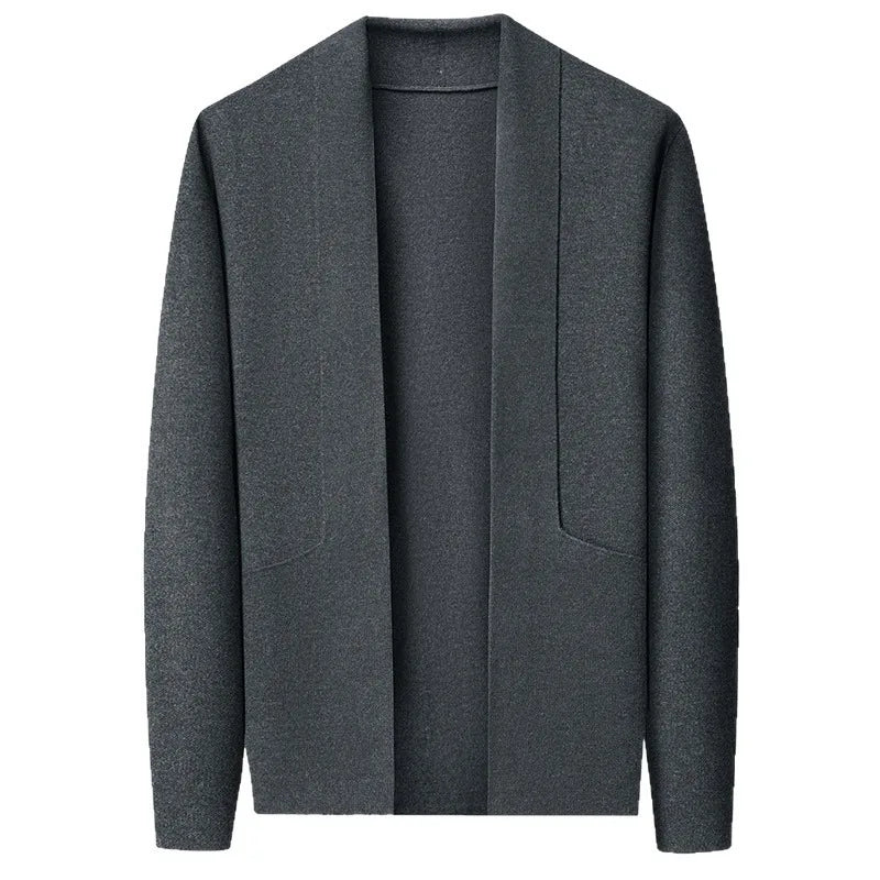 Close-up of soft polyester and acrylic blend fabric of the winter cardigan.