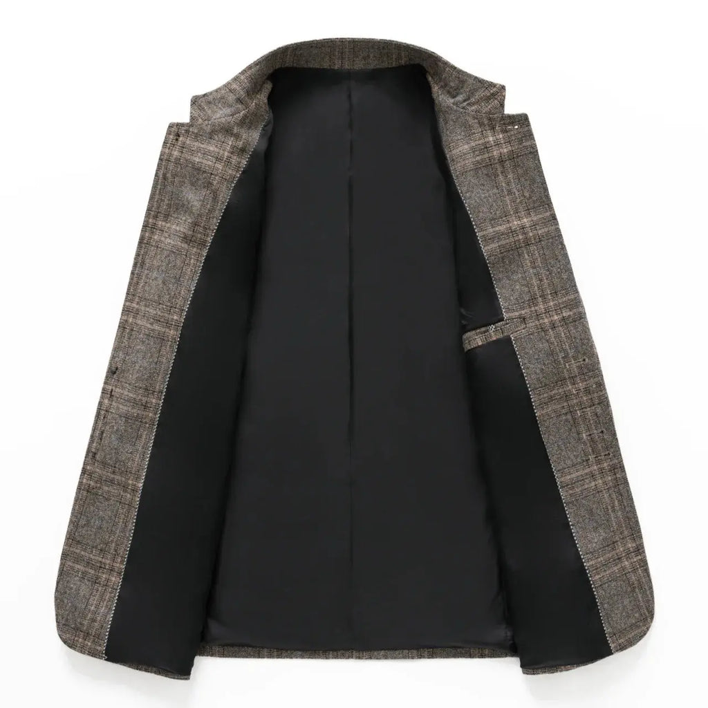 Full view of the sleek blazer, highlighting its refined silhouette and contemporary design.