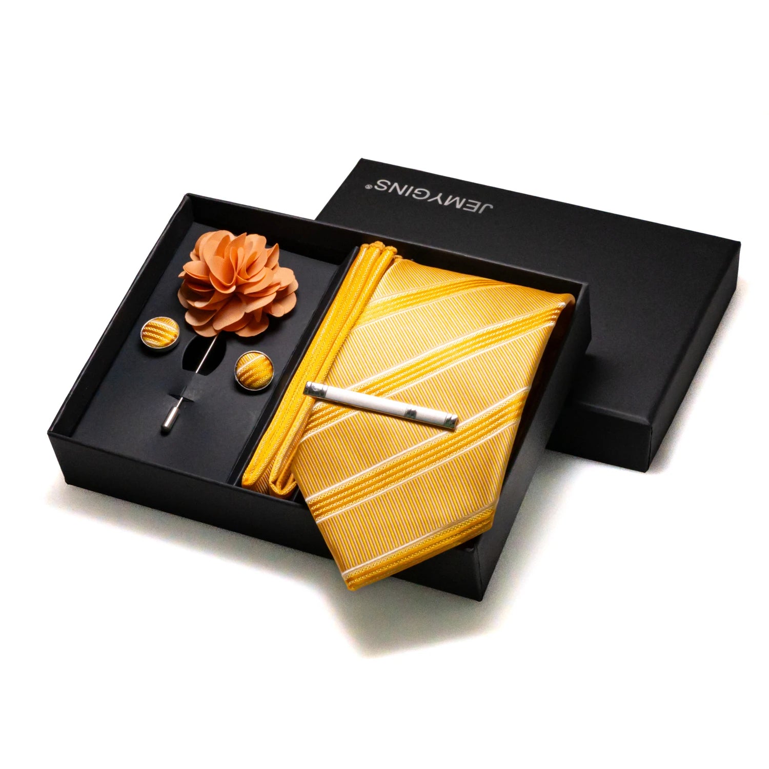 Sophisticated silk tie collection with warm yellow and orange geometric design