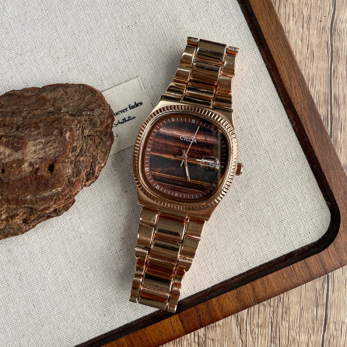 Close-up of CILOA watch showcasing its sleek stainless steel bracelet clasp.