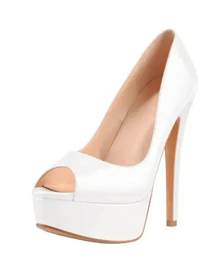 Creamy nude patent stiletto heels with concealed platform and elegant open toe styling