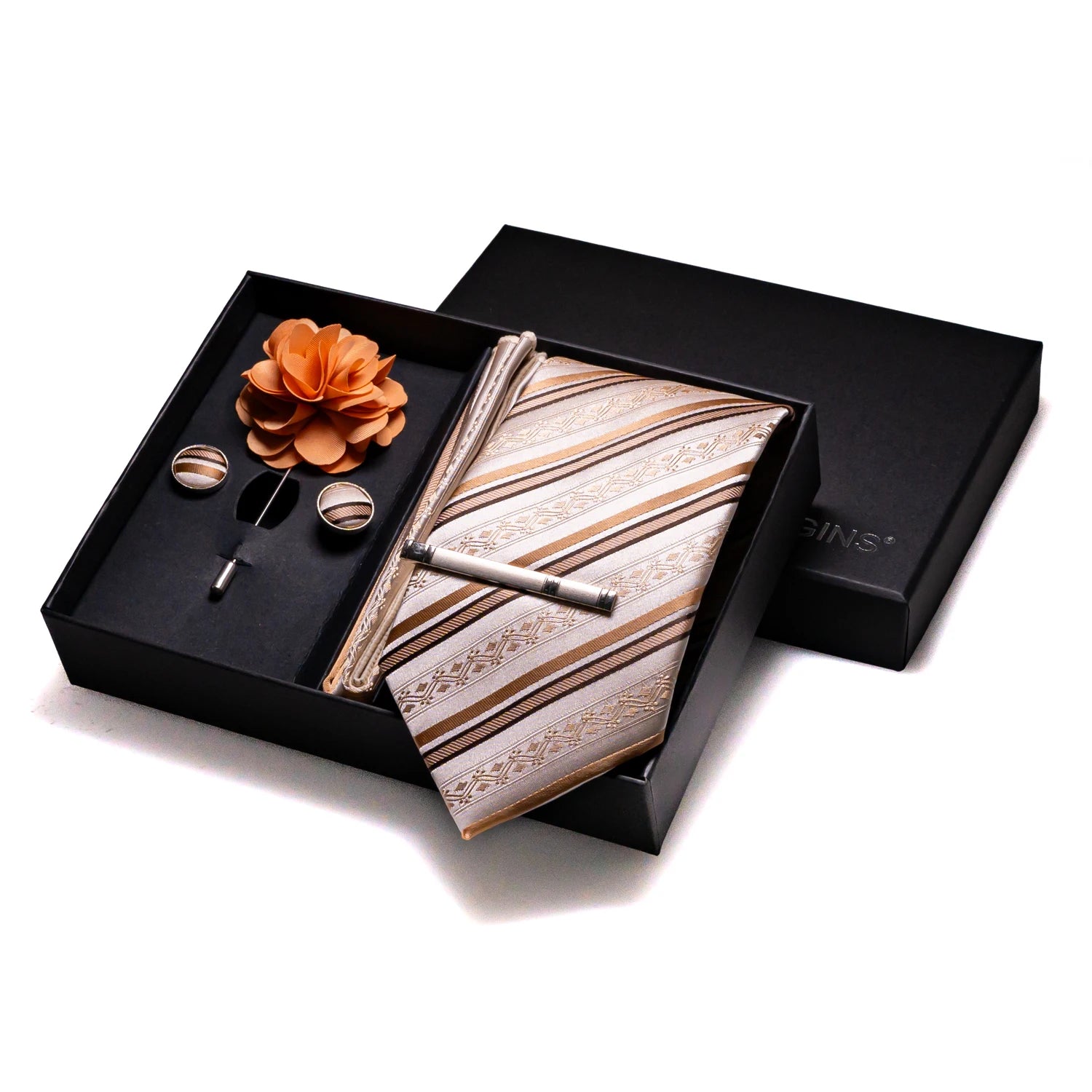 Elegant silk necktie gift collection in champagne and gold with coordinated pieces