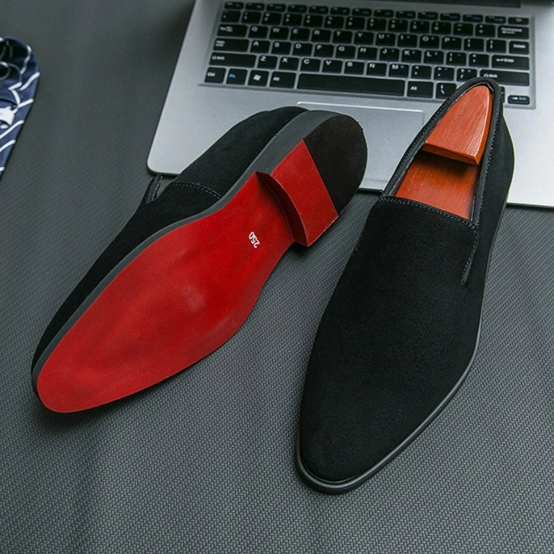Red-sole suede loafers with pointed toe in luxurious soft texture for sophisticated style
