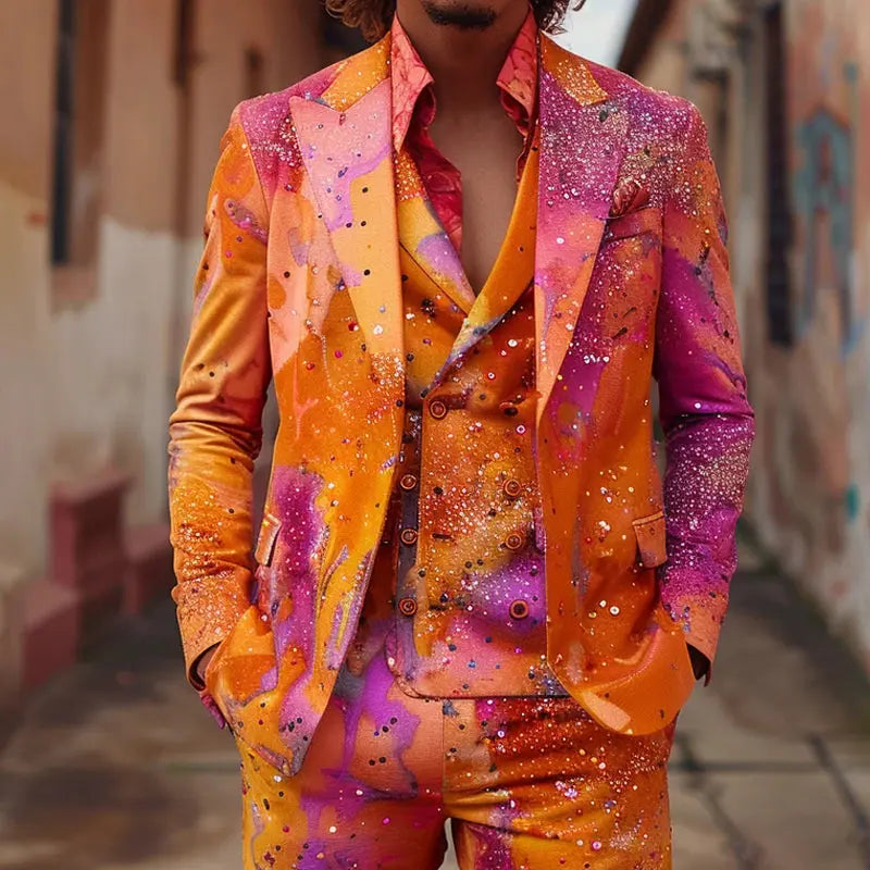 Men's vibrant suit ensemble displayed on a hanger, showcasing its bold design.