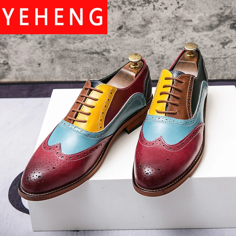Colorful twist oxfords in glossy patent leather with brogue detailing.