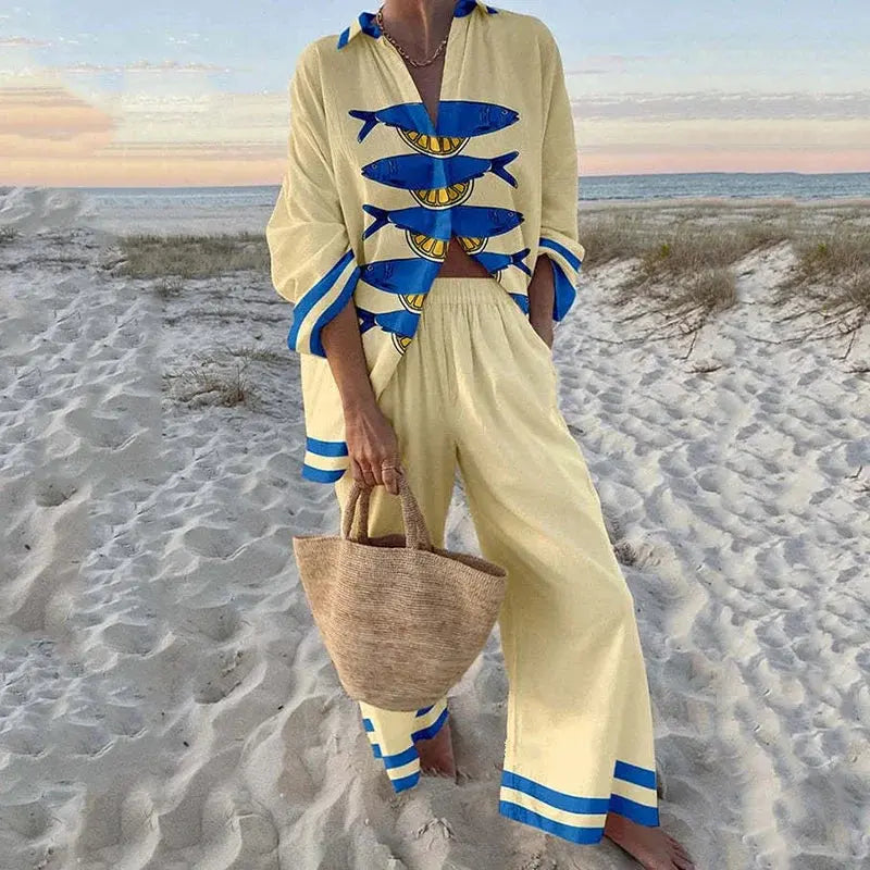 Casual elegance in a two-piece set for seaside adventures.