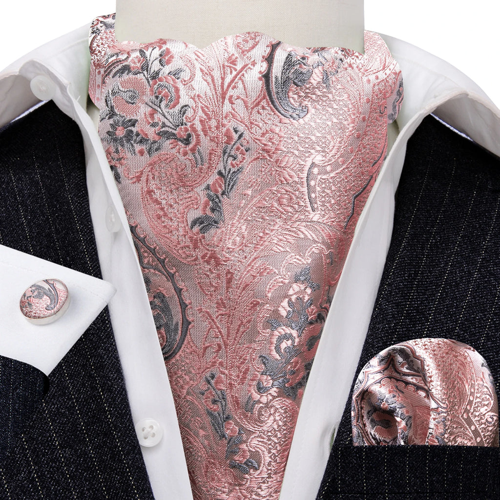 Complete gentleman's cravat set featuring silk ascot, pocket square, and cufflinks in coordinated design