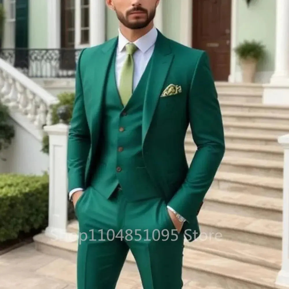 Front view of the suit set, highlighting the peak lapel and vest combination.
