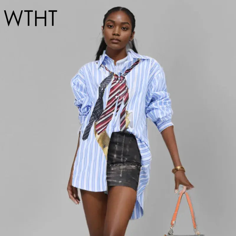 Striped silk-blend blouse in neutral tones, showcasing a modern tailored silhouette.