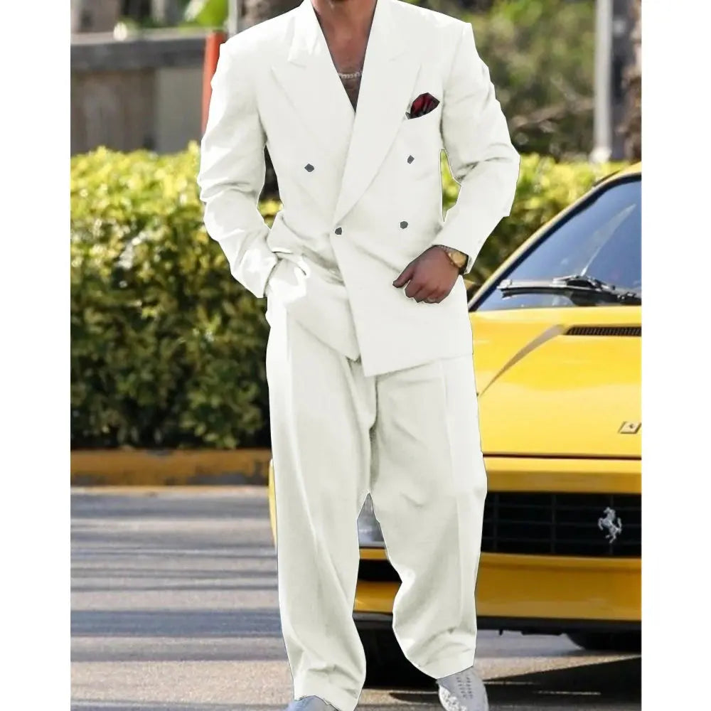 Side view of the loose fit wedding suit, demonstrating comfort and elegance.